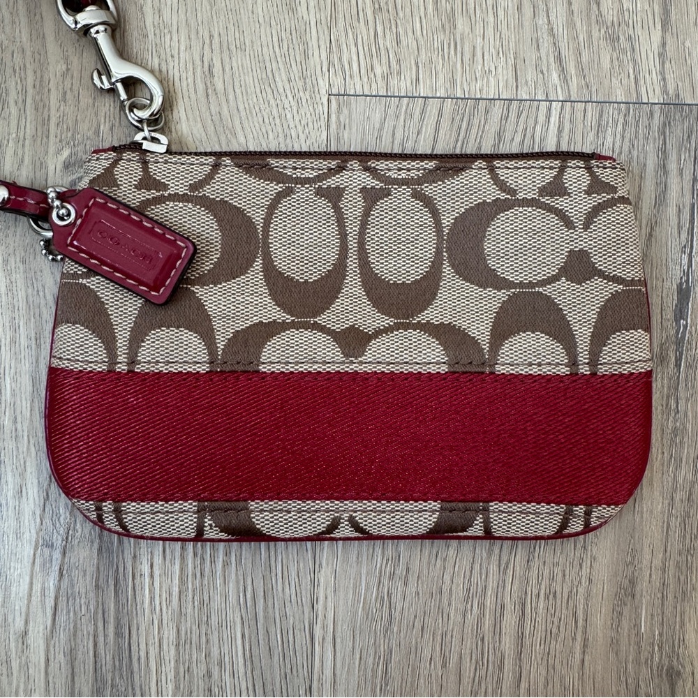 Coach Signature Logo Wristlet Khaki Red Stripe Coach Coin Purse EUC
